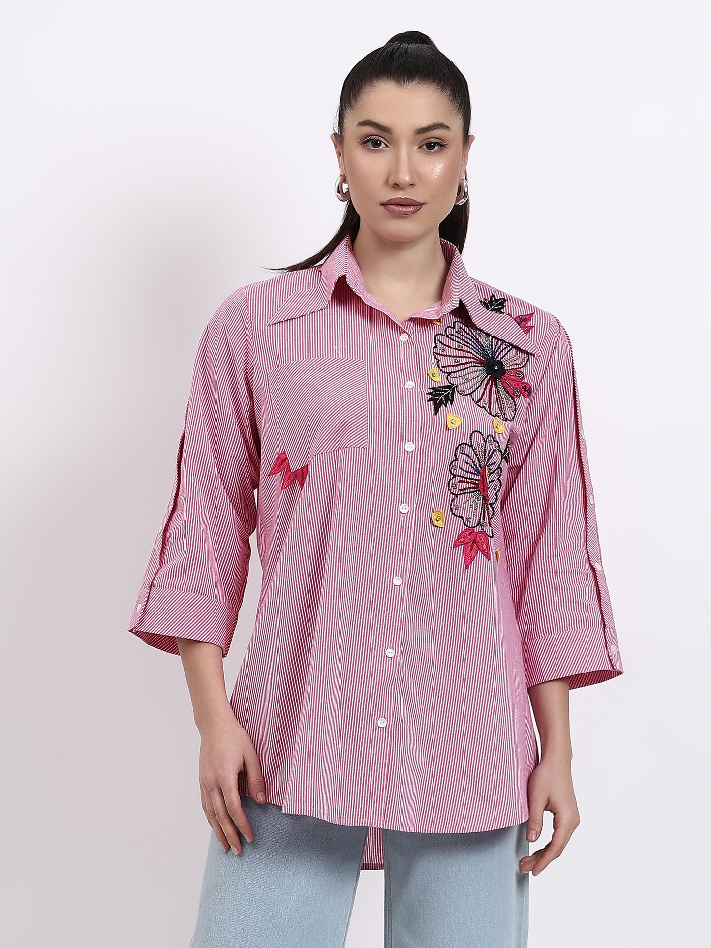DARK PINK STRIPES COTTON SHIRT WITH HAND EMBELLISHEMNTS