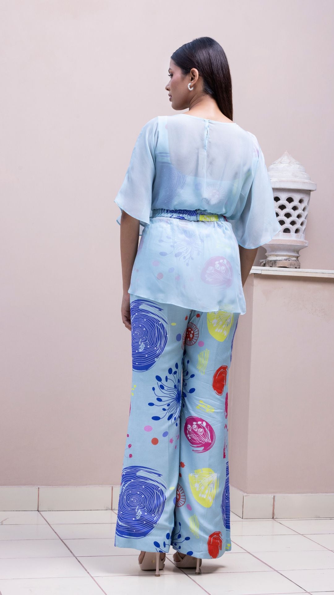 Carnation Coral Bralette Top- Bell Pant Style Co-ord Set