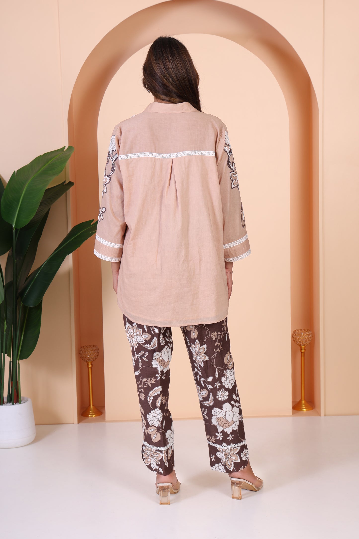Beige-Brown Linen and Printed Co-ord Set