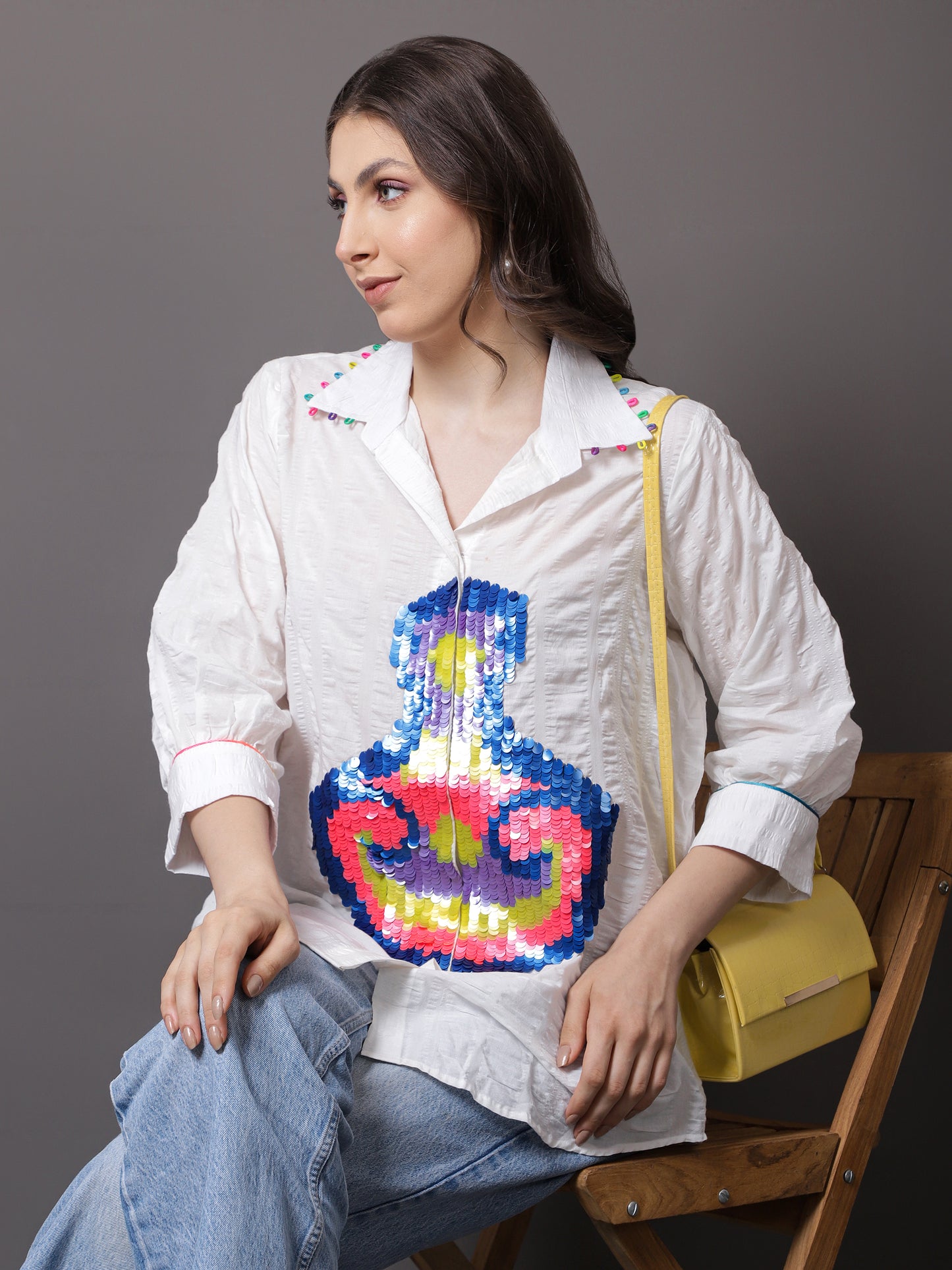 WHITE COTTON CRUSHED EMBROIDERED SHIRT