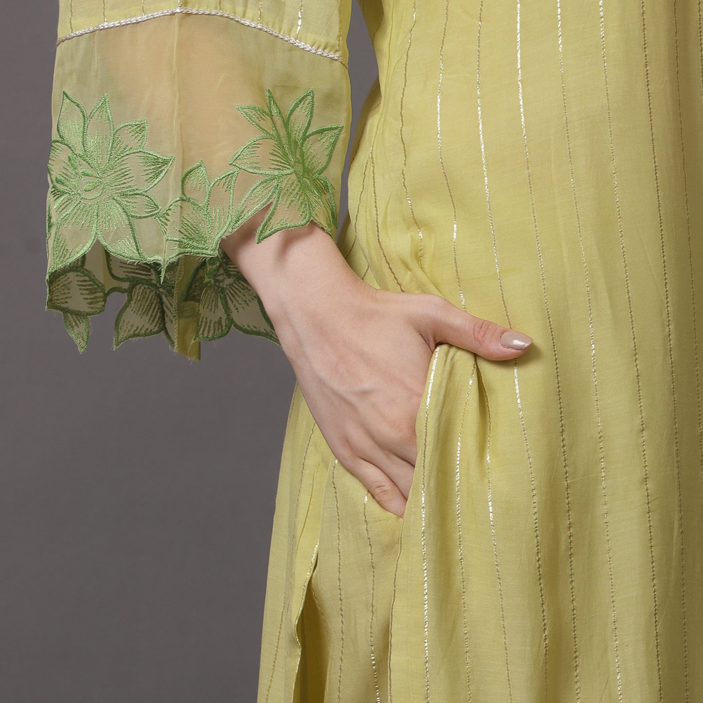 LIME GREEN CHANDERI WITH MACHINE EMBROIDERY KURTA SET