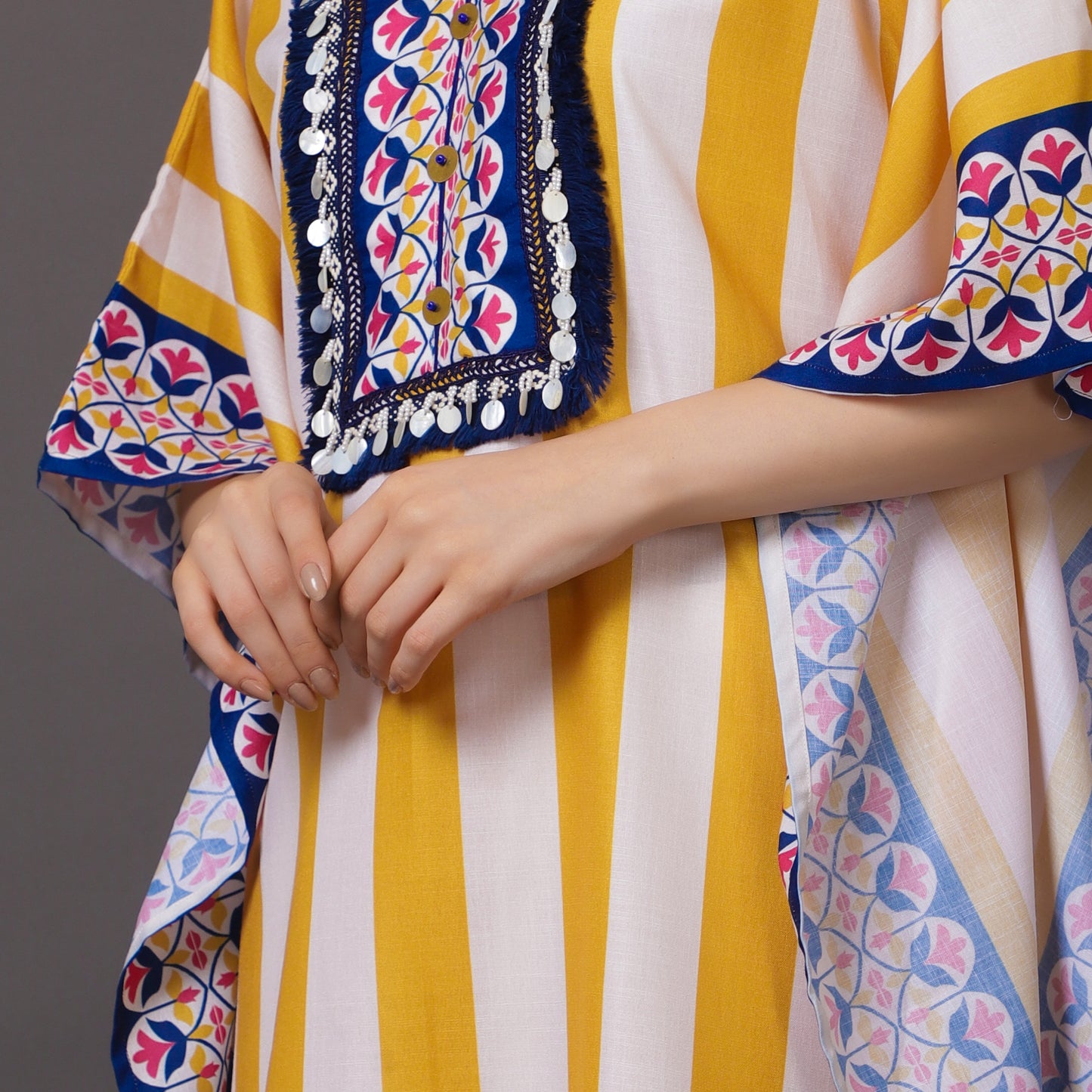 MUSTARD FLORAL AND STRIPES PRINTED KAFTAN