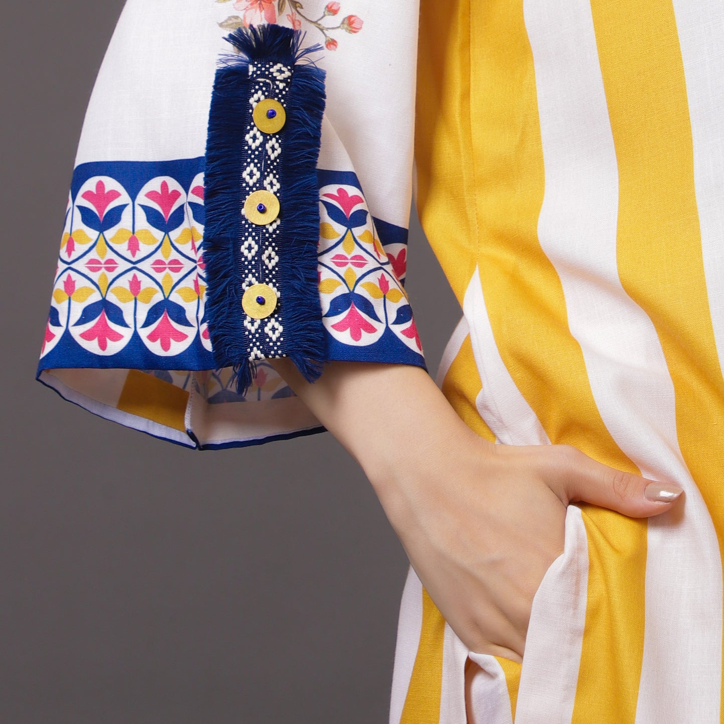 MUSTARD FLORAL AND STRIPES KURTA SET