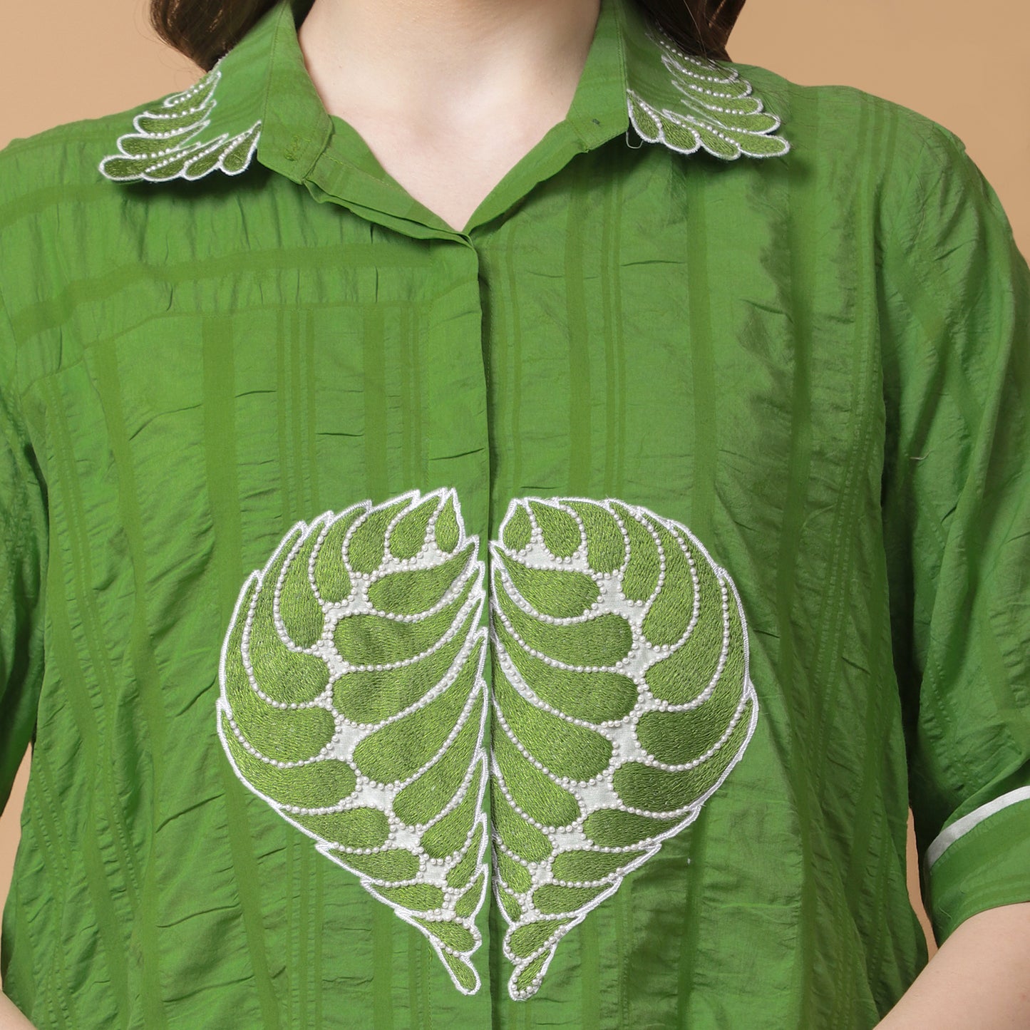 GREEN COTTON CRUSHED EMBROIDERED SHIRT