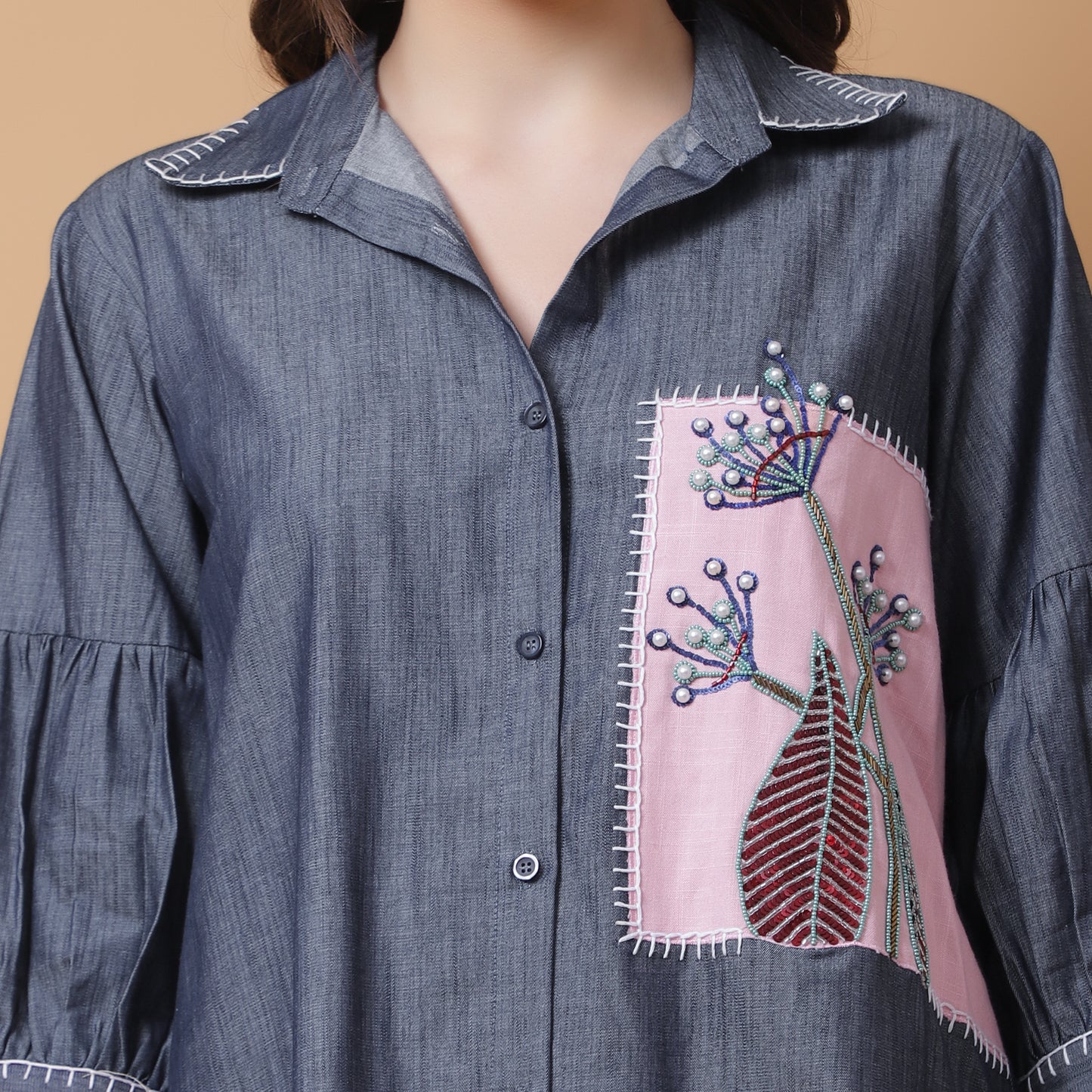 DENIM SHIRT WITH PINK EMBROIDERED PANEL