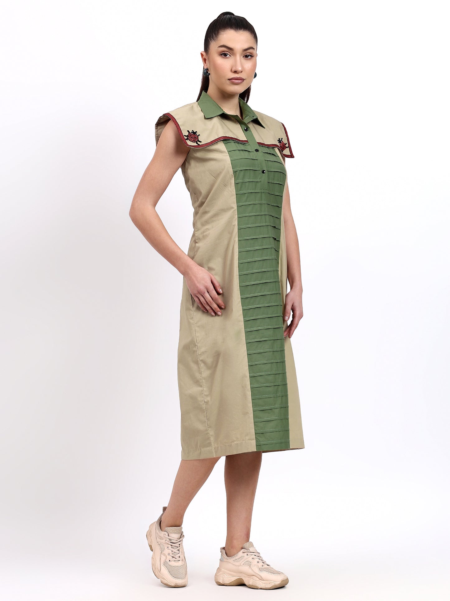 Olive And Beige Calf Length Dress