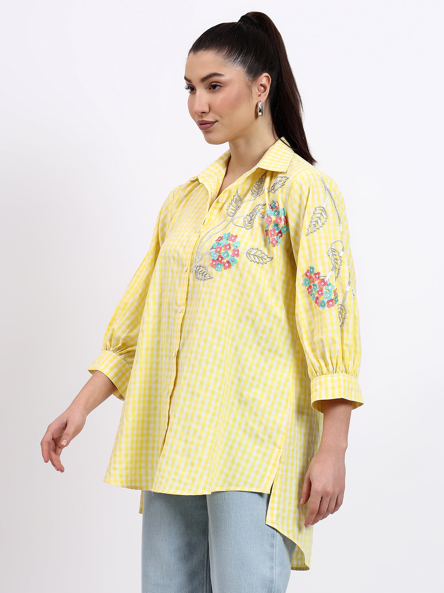 Yellow Check Shirt With Hand Embellishment
