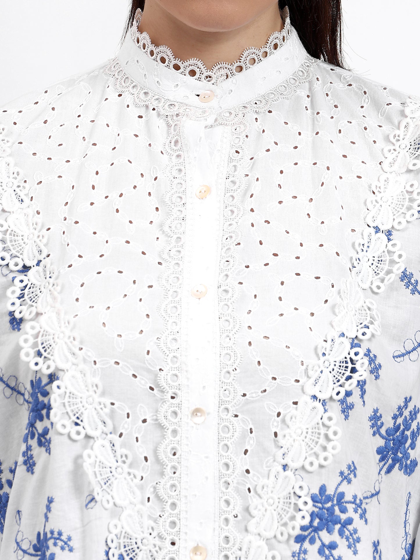 White Chikankari And Blue Floral Motif Shirt