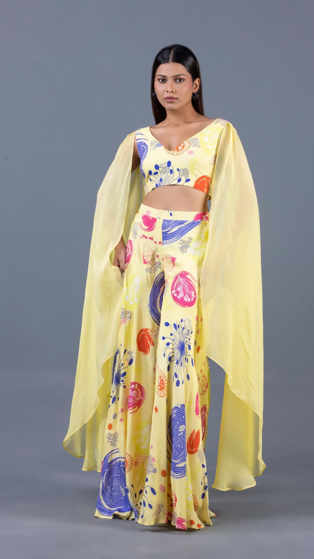 Sun Coral Cape Sleeve Divided Pant Set