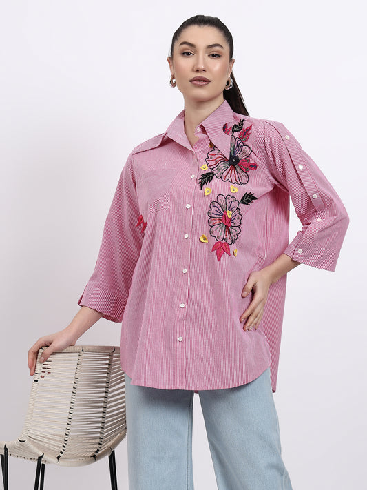DARK PINK STRIPES COTTON SHIRT WITH HAND EMBELLISHEMNTS
