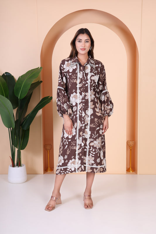 Brown Printed Calf Length Dress
