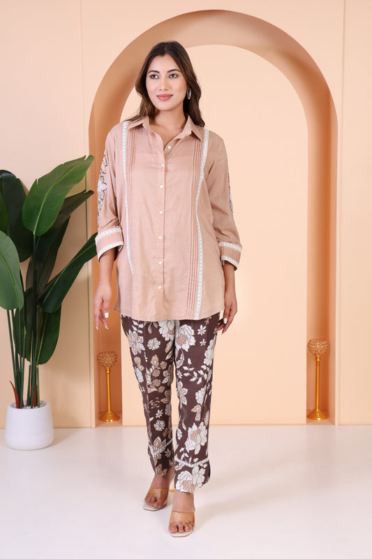 Beige-Brown Linen and Printed Co-ord Set