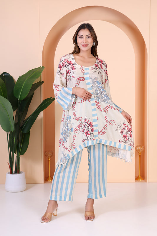 Floral And Stripes Printed Co-ord