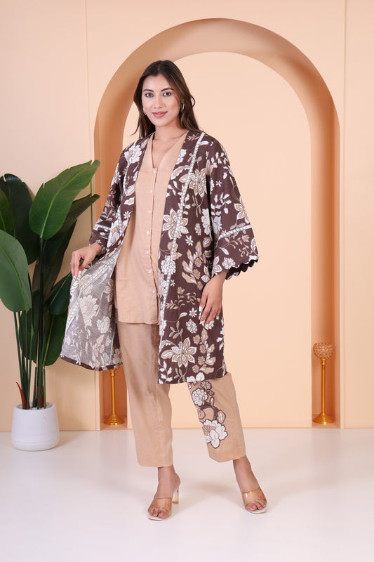 Beige Linen Co-ord With Printed Cape