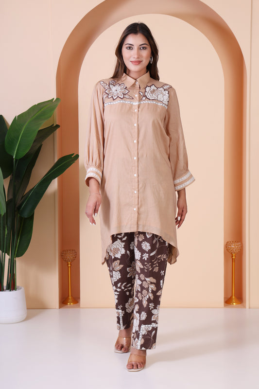 Beige and Brown Printed C-cut  Co-ord