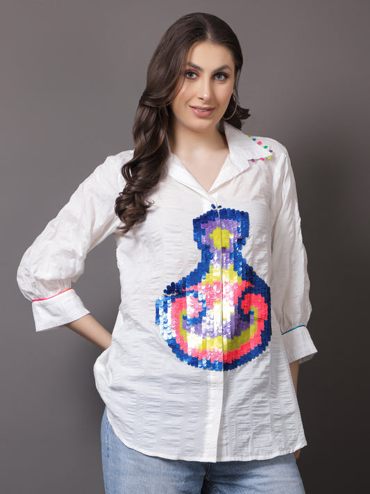 WHITE COTTON CRUSHED EMBROIDERED SHIRT