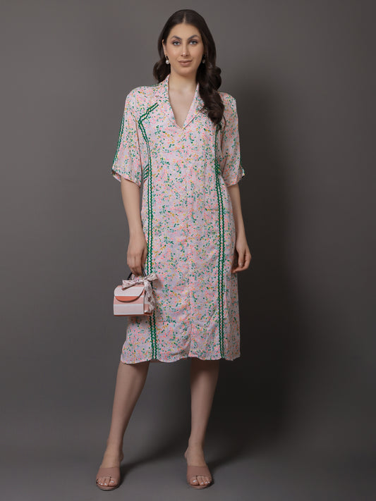 NEON PINK RIC RAC CALF LENGTH DRESS