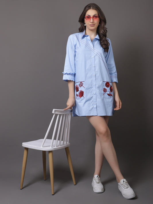 BLUE POPLIN EMBROIDERED TUNIC