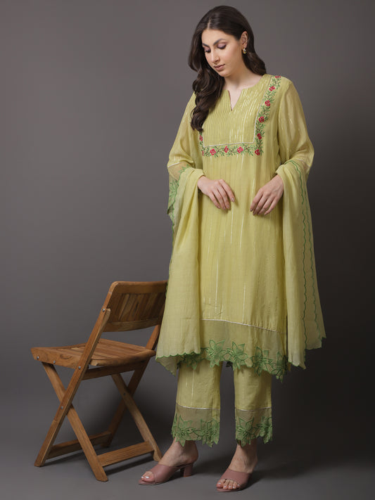 LIME GREEN CHANDERI WITH MACHINE EMBROIDERY KURTA SET