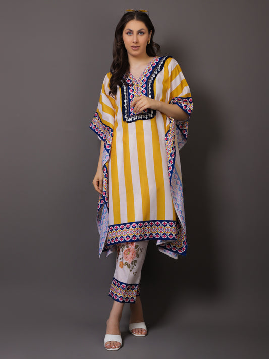 MUSTARD FLORAL AND STRIPES PRINTED KAFTAN