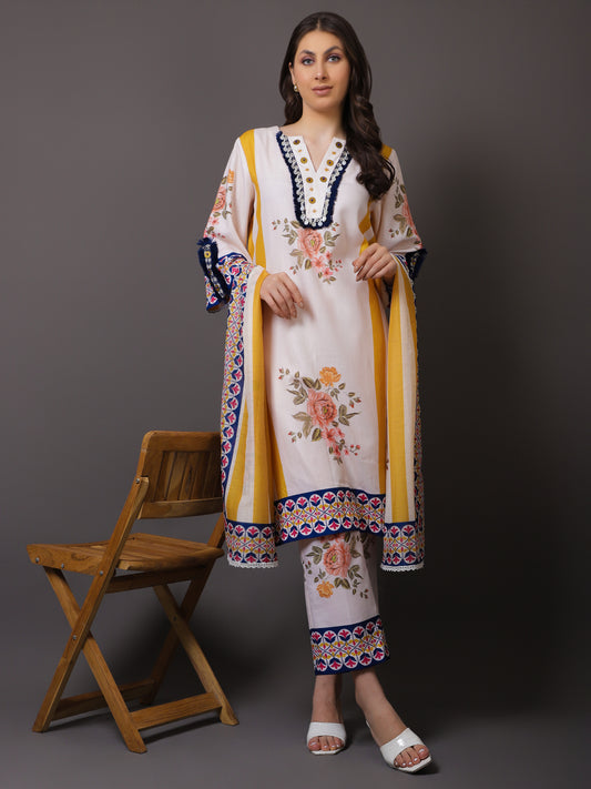 MUSTARD FLORAL AND STRIPES KURTA SET