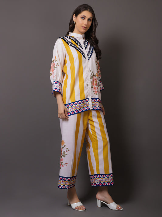 MUSTARD FLORAL AND STRIPES PRINTED CO-ORD SET