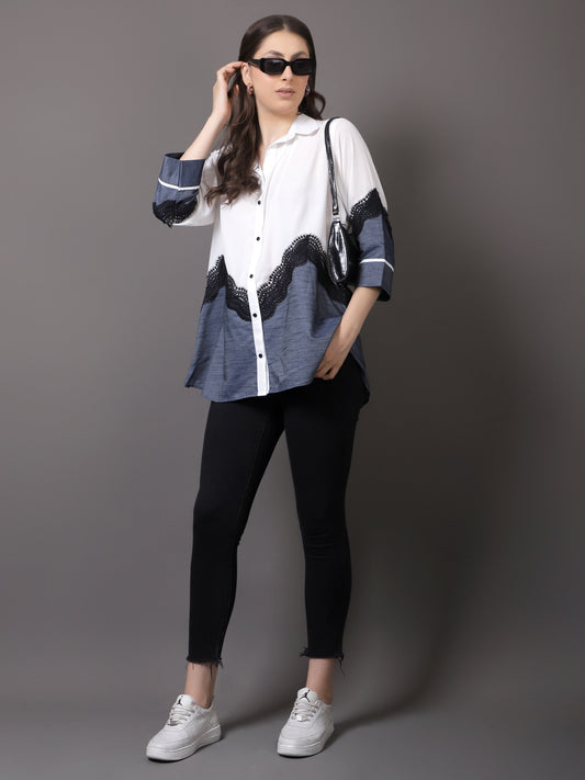 WHITE GEORGETTE AND DENIM SHIRT