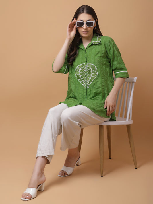 GREEN COTTON CRUSHED EMBROIDERED SHIRT