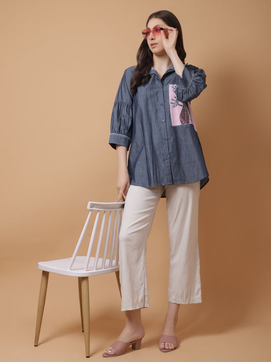 DENIM SHIRT WITH PINK EMBROIDERED PANEL
