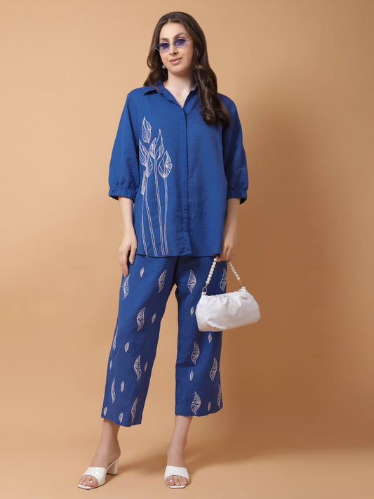 BLUE LINEN EMBROIDERED CO-ORD SET