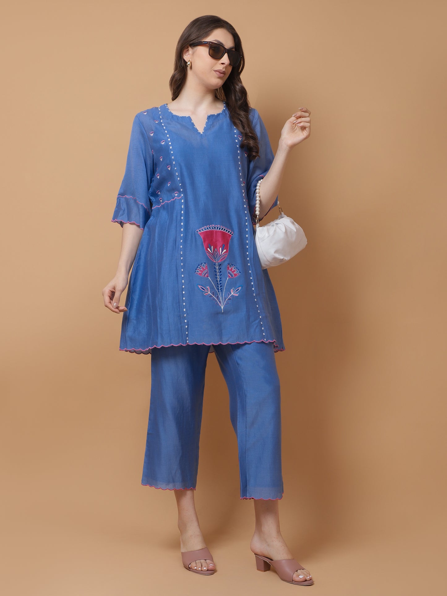 BLUE CHANDERI KURTA SET