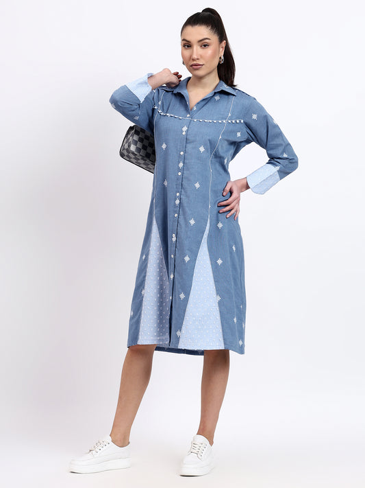 COTTON DENIM CALF LENGTH DRESS