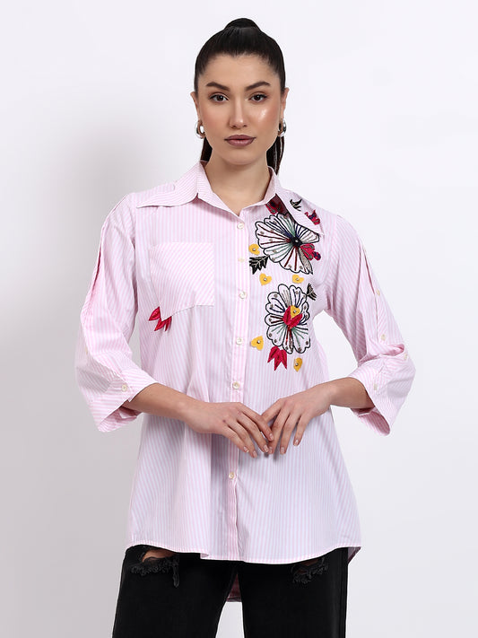 Baby Pink Stripes Shirt with Hand Embellishments