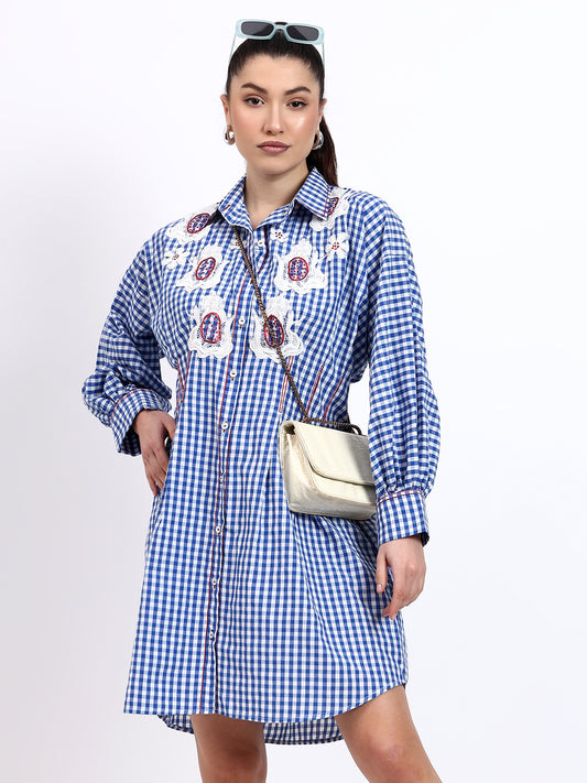 Blue Check Calf Length Dress