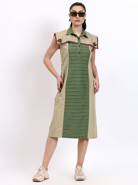Olive And Beige Calf Length Dress