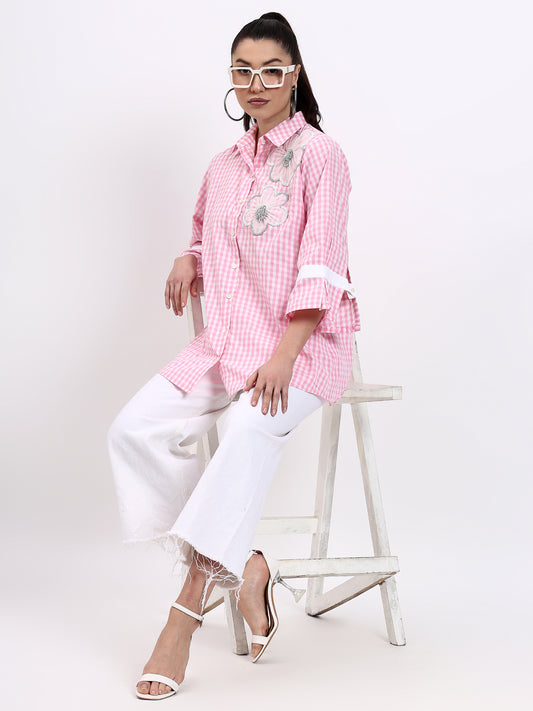 Pink Check Hand Embroidered Shirt