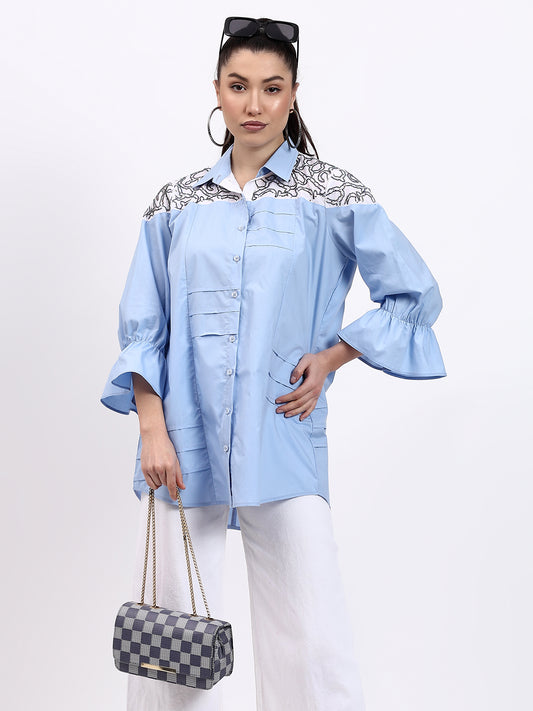 Blue Poplin and Whit Chikankari Shirt
