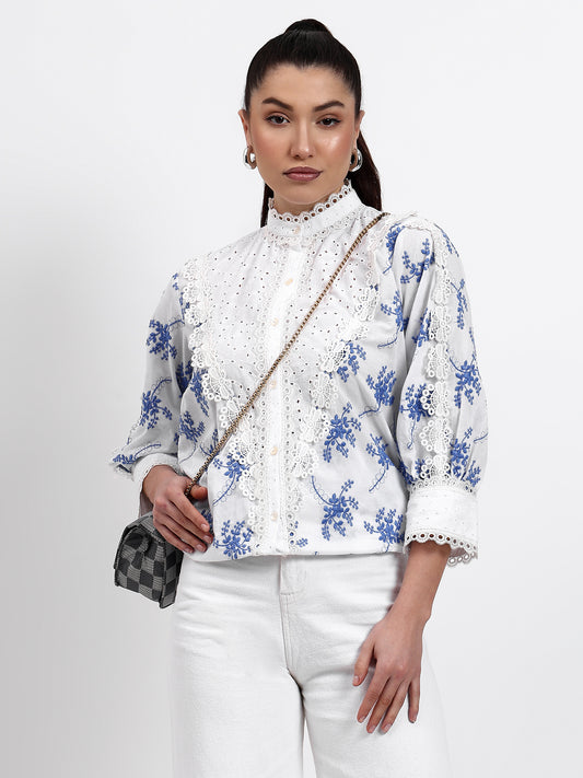 White Chikankari And Blue Floral Motif  Shirt